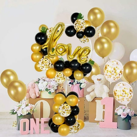 TONIFUL Blackgold Balloon Garland Arch Kit Round Column Floor Stand Holder with Latex Balloon Love Foil Balloon for Women Birthday Wedding Propose Background Party Decoration Supplies 